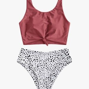 Red Bikini Top with Black and White Bottoms